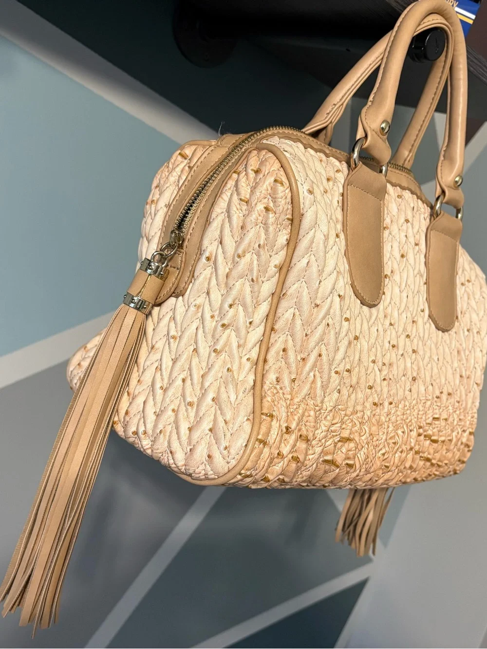 Cream Braided Satchel Handbag with Tan Trim